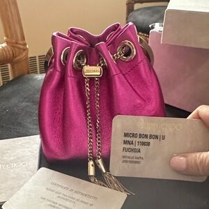 Jimmy Choo Fuchsia Metallic Mini Drawstring Bucket Bag